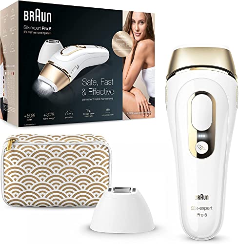 Braun IPL Silk Expert Pro 5 Haarentfernungsgerät, für dauerhaft sichtbare Haarentfernung, Venus Rasierer & Tasche, Alternative zum Laser, Muttertagsgeschenk, PL5137, weiß/gold